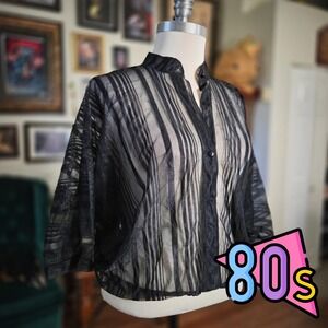 Vintage 80s Silver Rose Sheer Striped Black Formal‎ Blouse Made in England